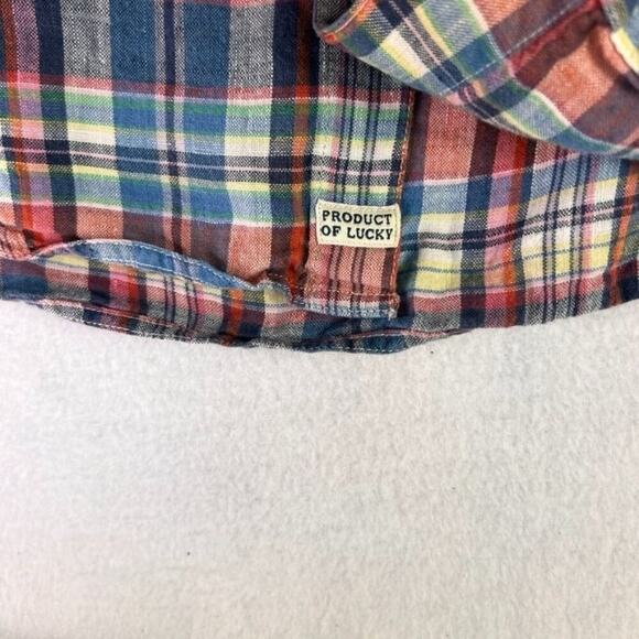 Lucky Brand Shirt Men's Size Large Red Blue Linen Plaid Short Sleeve Button Down - Picture 4 of 11